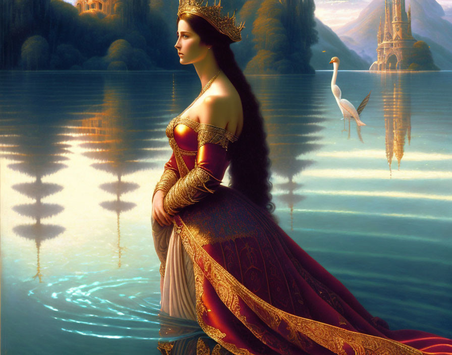 Regal woman in crown and gown by serene lake with swan and castle.