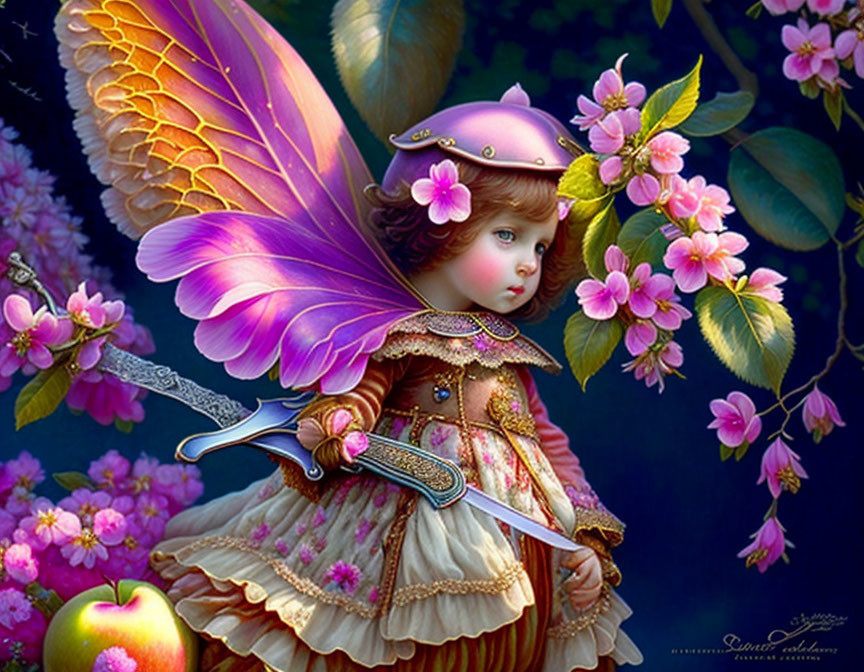 Whimsical fairy girl with purple wings, vintage dress, sword, cherry blossom, and red apple