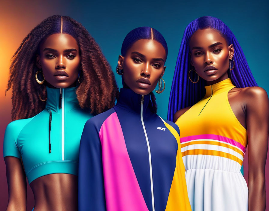 Vibrant makeup and colorful sporty outfits on three women in front of blue-orange backdrop