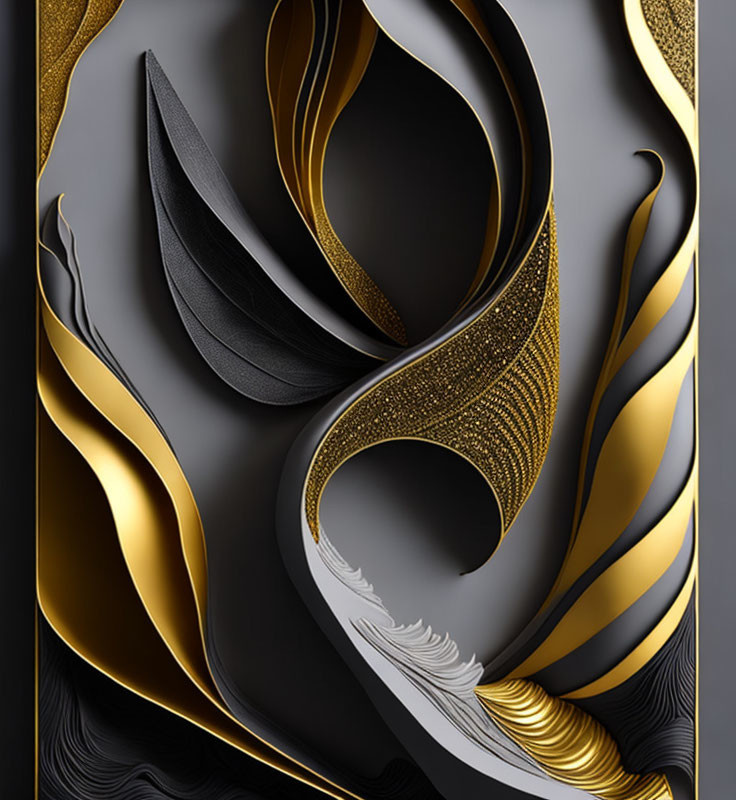 Abstract Black and Gold Art with White Feather and Textures