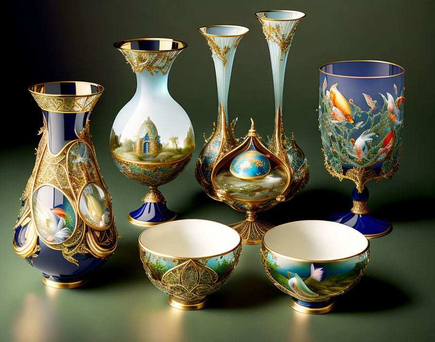 Ornate porcelain vases and bowls with gold landscapes and koi fish on dark background