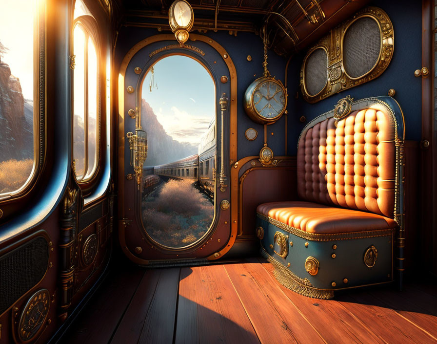 Vintage Train Interior: Leather Seats, Brass Fixtures, Large Windows & Mountain Views