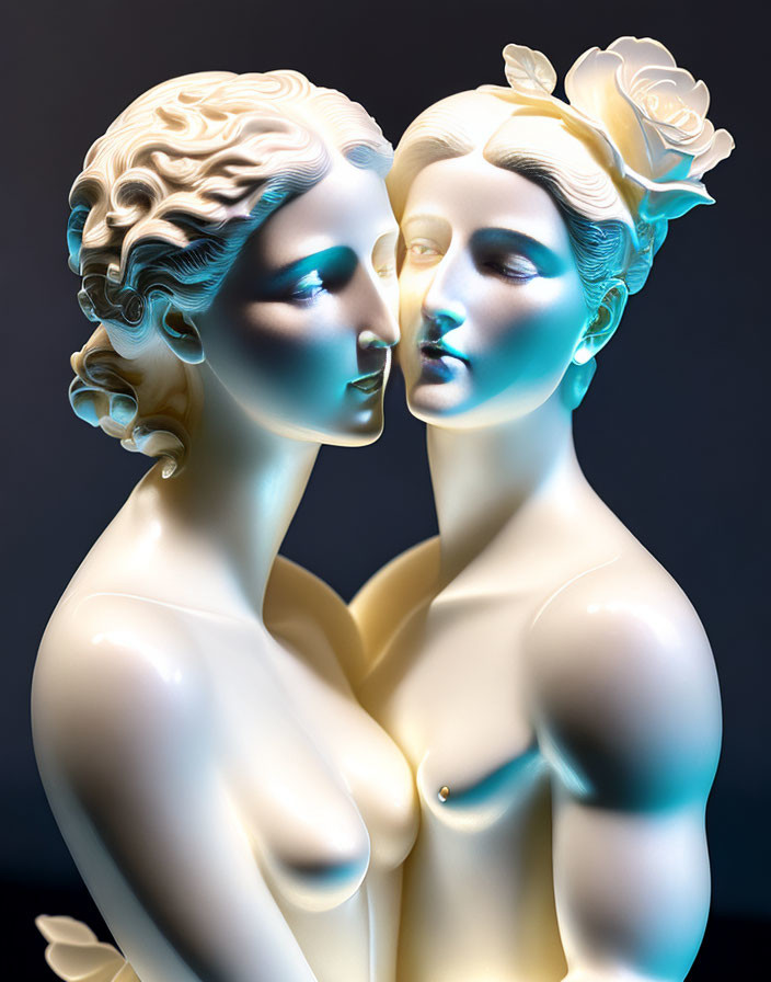 Porcelain-style sculptures of women with intricate hair details illuminated by gradient lighting