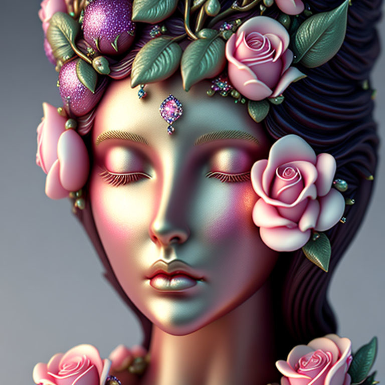 Detailed 3D Illustration of Serene Face with Floral Crown