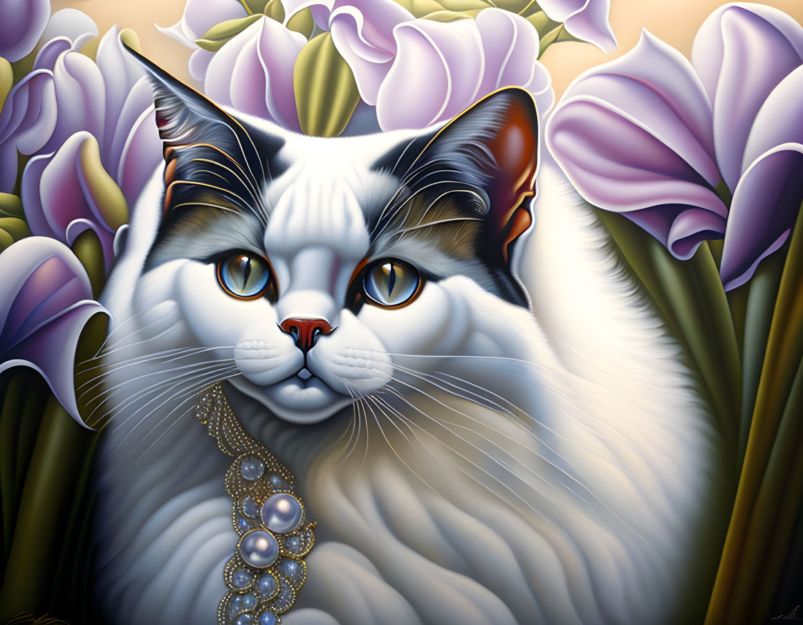 Stylized white cat painting with pearl necklace and purple flowers