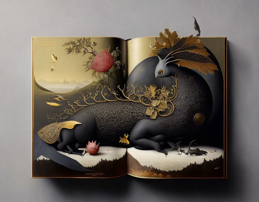 3D mystical black animal with golden antlers in autumnal landscape