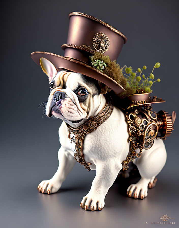 Steampunk French Bulldog with gears, top hat, and mechanical backpack.