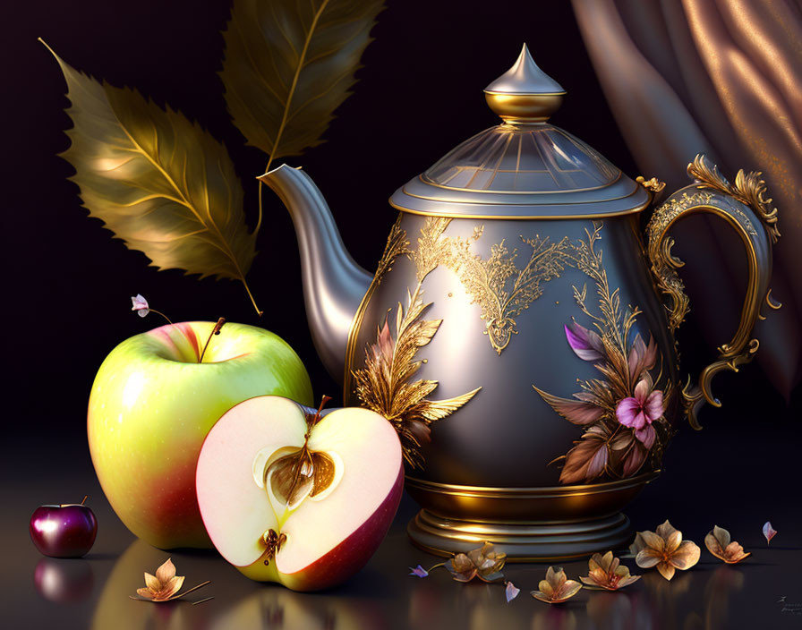 Ornate teapot, ripe apple, cherry, and leaves on reflective surface