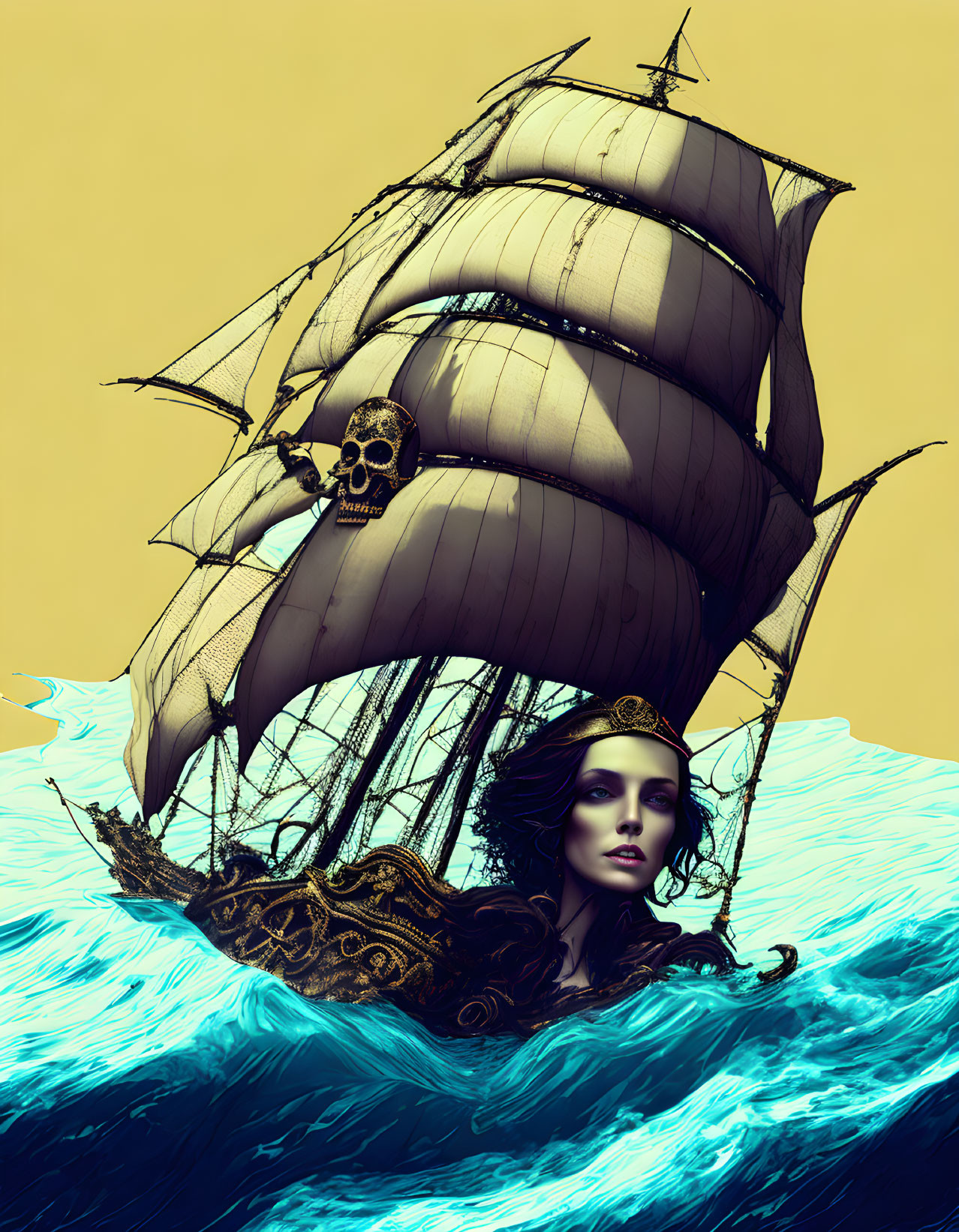 Digital artwork: Woman's face merges with ornate ship bow in turbulent seas, featuring golden crown and