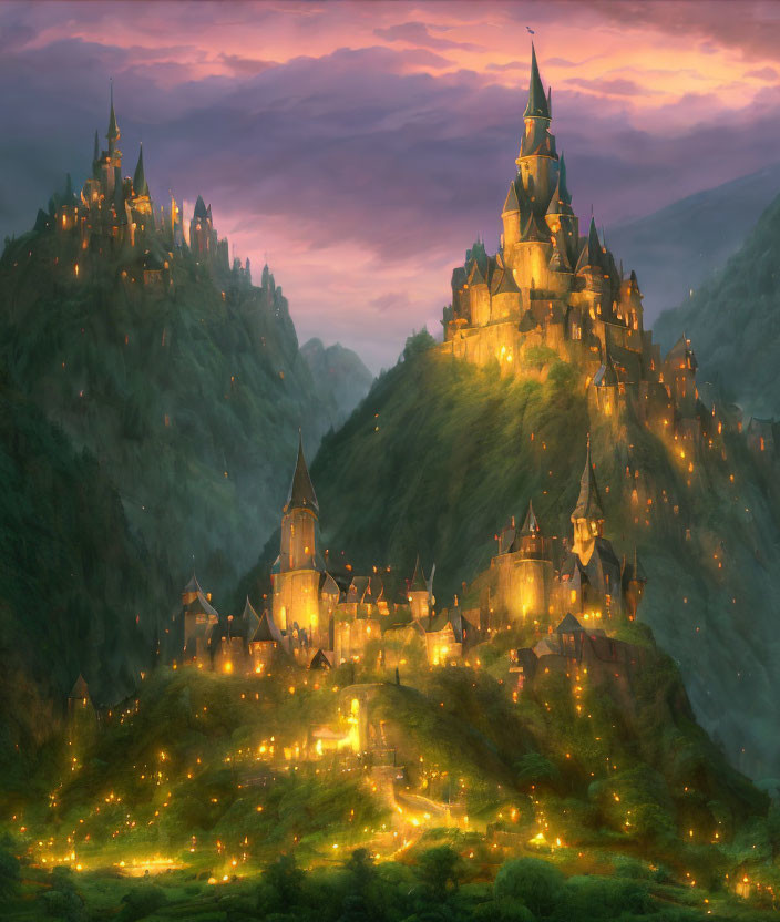 Majestic fantasy castle on hill at dusk with pink and purple sky