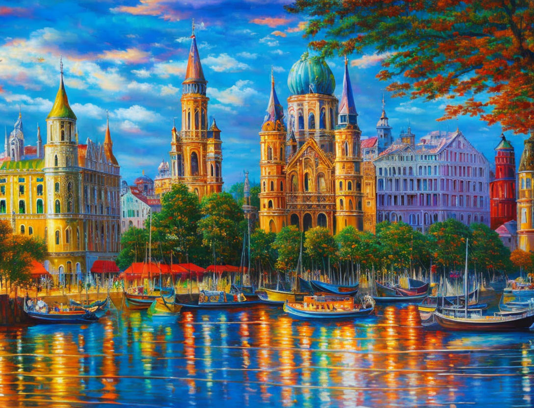 Sunset cityscape painting with European architecture and boats on river.