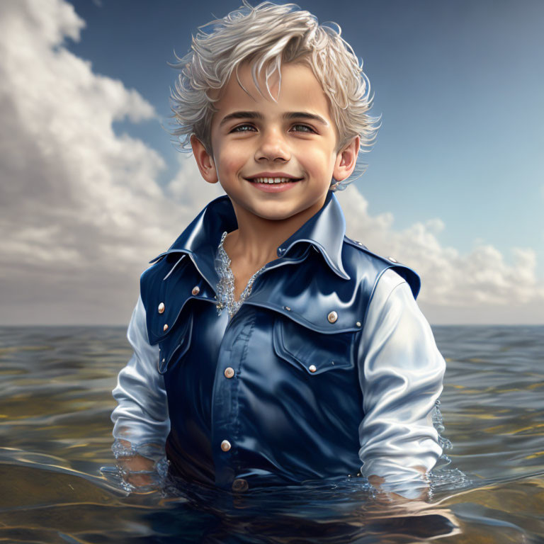 Young boy with white wavy hair in blue jacket standing in calm sea water under cloudy sky