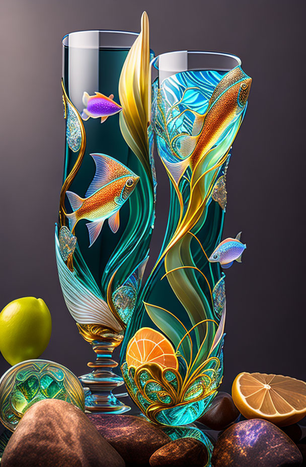 Ornate champagne flutes with aquatic designs and lemons on reflective surface