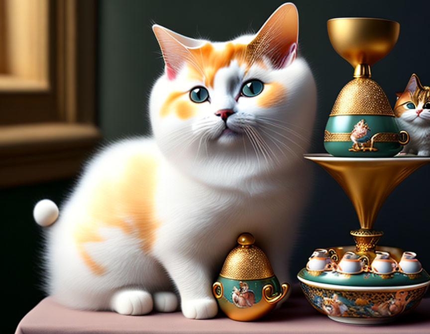 Illustrated cat with expressive eyes and gold-trimmed ornaments beside miniature figurine