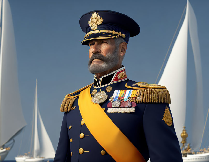 Decorated naval officer in uniform with mustache and medals against yacht sails