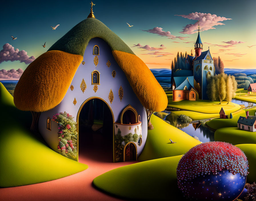 Enchanting fairy-tale landscape with cottage, church, river, hills, and birds