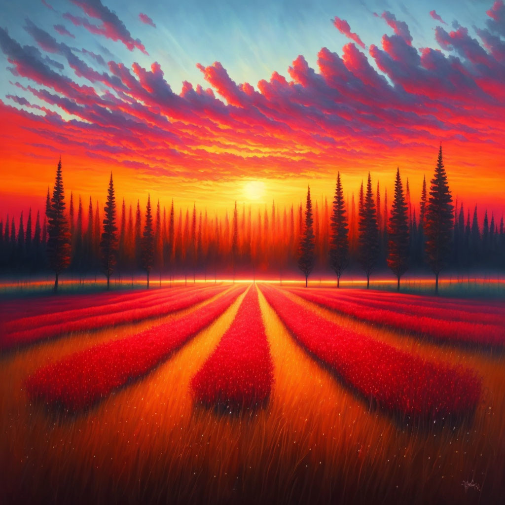 Colorful sunset scene with red flowers and silhouetted pine trees.