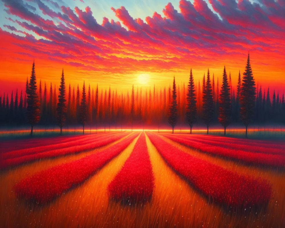 Colorful sunset scene with red flowers and silhouetted pine trees.