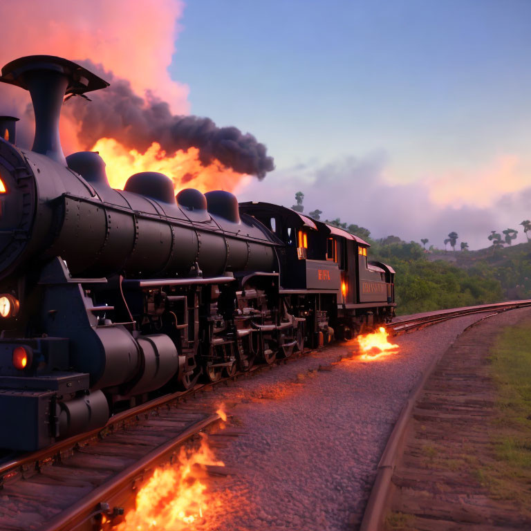 Vintage steam locomotive emitting smoke and sparks at dusk