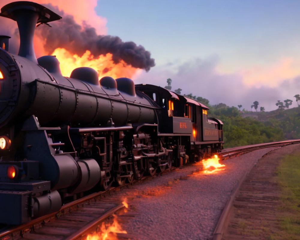 Vintage steam locomotive emitting smoke and sparks at dusk