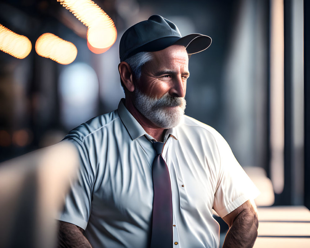 Elderly man with beard and cap gazes out dimly lit window