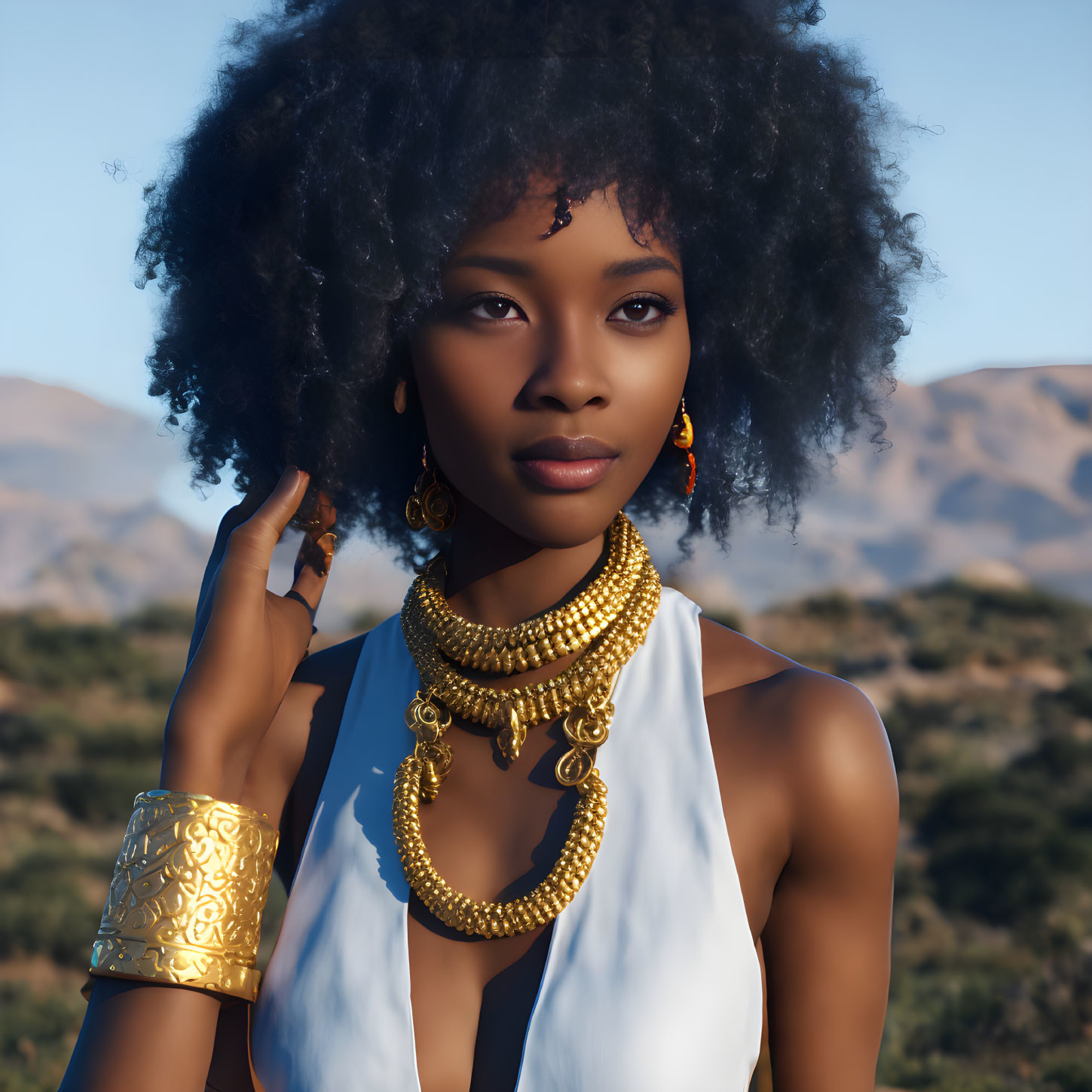 Black Afro woman adorned with gold jewelry in serene nature backdrop