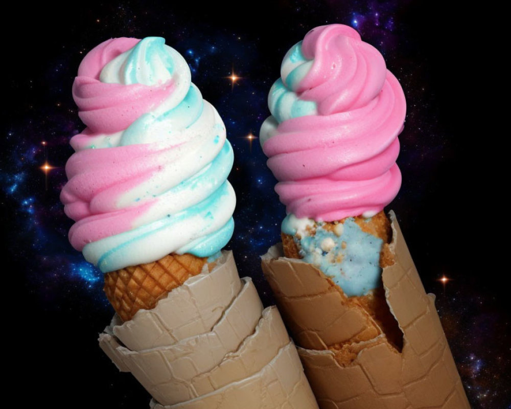 Colorful ice cream cones on starry galaxy background symbolize cosmic sweetness