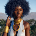 Black Afro woman adorned with gold jewelry in serene nature backdrop