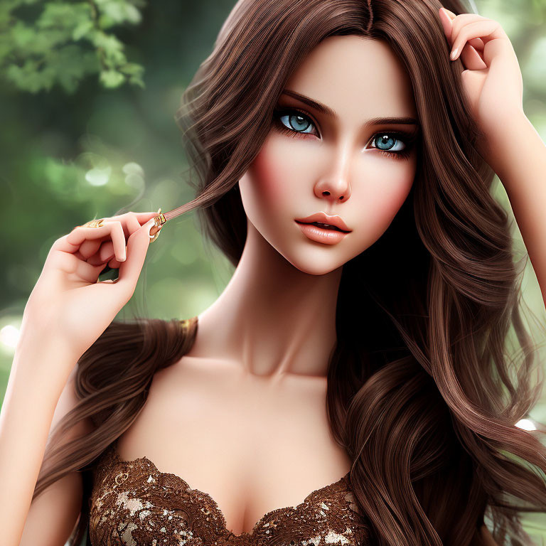 Digital Artwork: Woman with Long Brown Hair and Blue Eyes in Lace Top