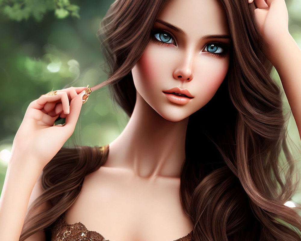 Digital Artwork: Woman with Long Brown Hair and Blue Eyes in Lace Top