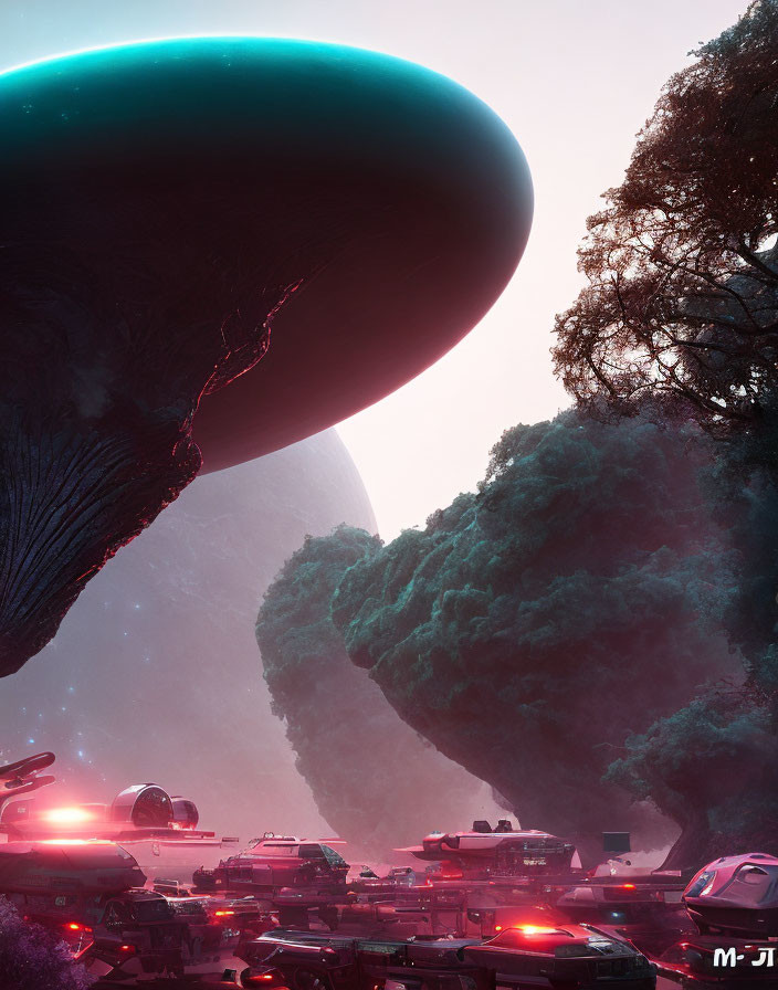 Futuristic landscape with alien trees, hovering vehicles, and colossal planets.