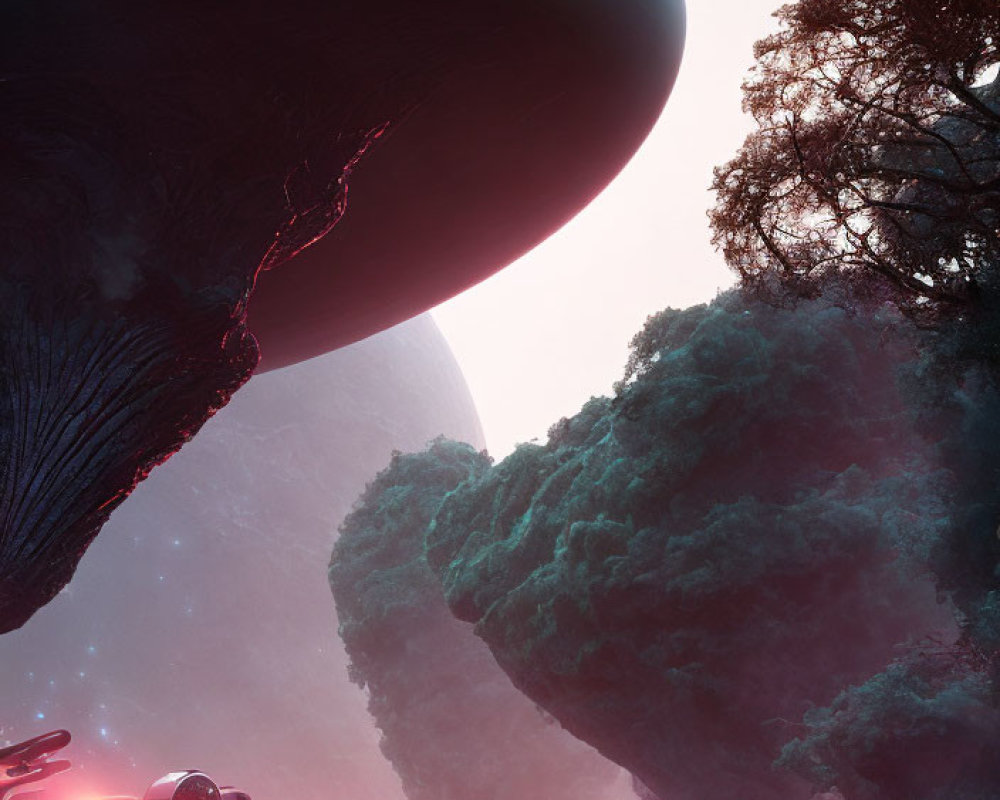 Futuristic landscape with alien trees, hovering vehicles, and colossal planets.