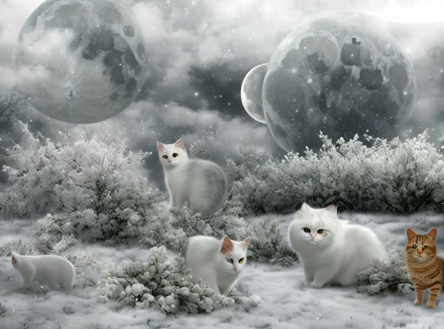 Four cats in snowy landscape under oversized moons create surreal scene