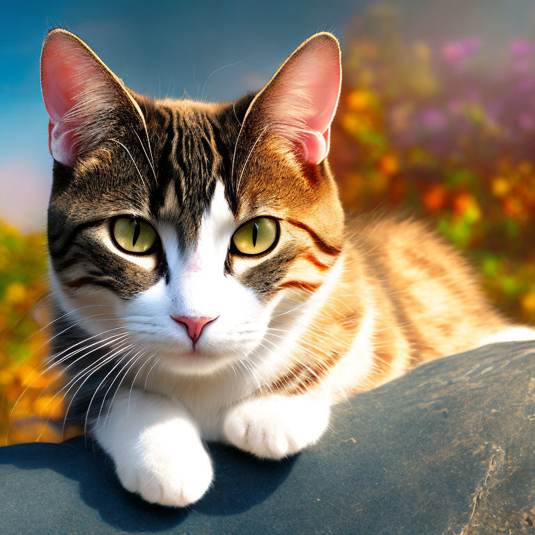 Tabby cat with green eyes resting outdoors on sunny day