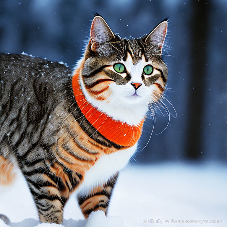 Cat with Green Eyes and Orange Collar in Snowfall