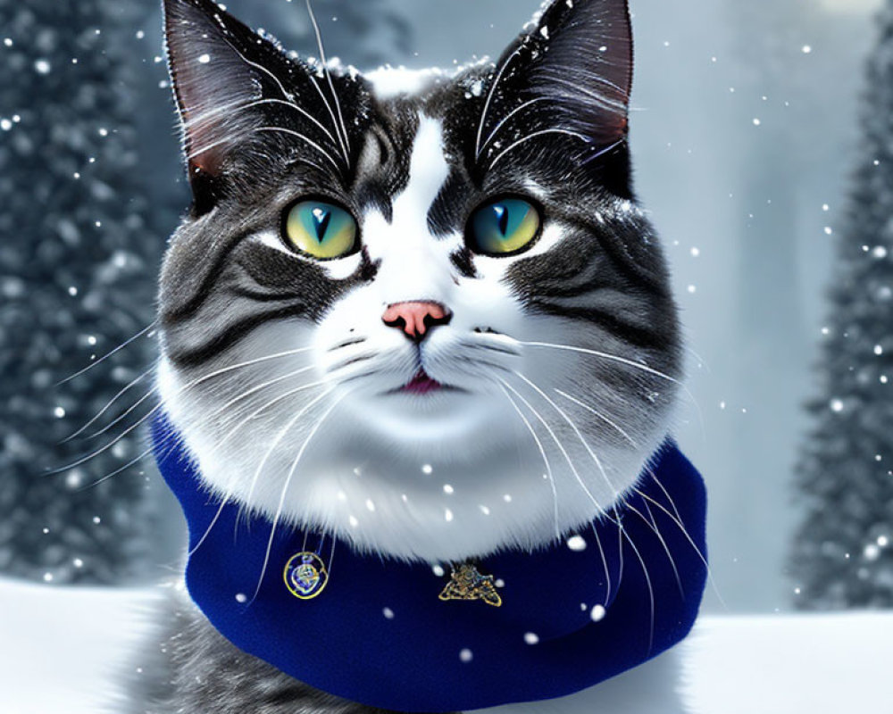 Blue-eyed Cat Artwork with Navy Collar in Snowy Scene