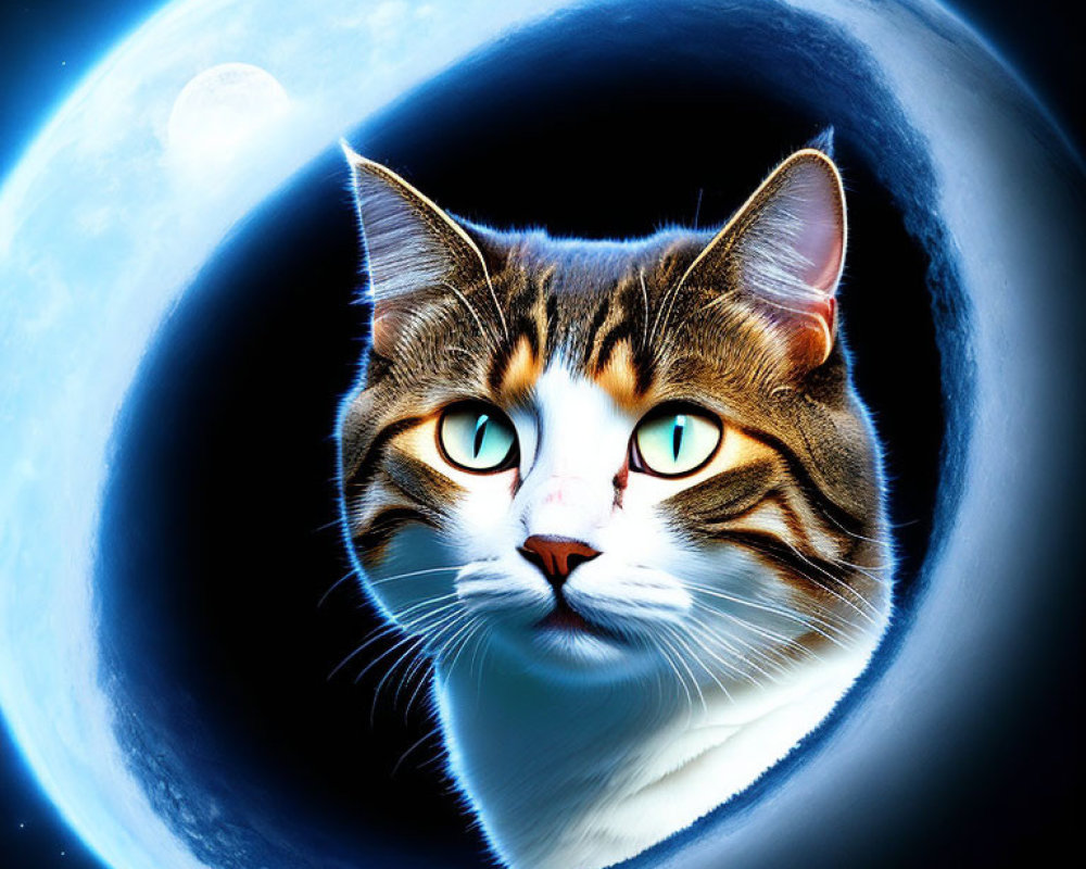 Close-up Cat Face on Cosmic Background with Earth and Moon in Blue Tones