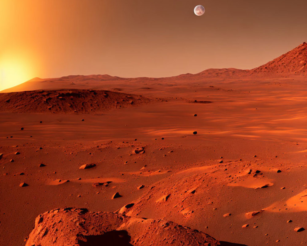 Martian Landscape at Sunset with Earth in Distance