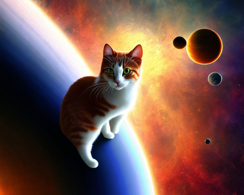 Cat observing colorful cosmic scene with planets and nebula.