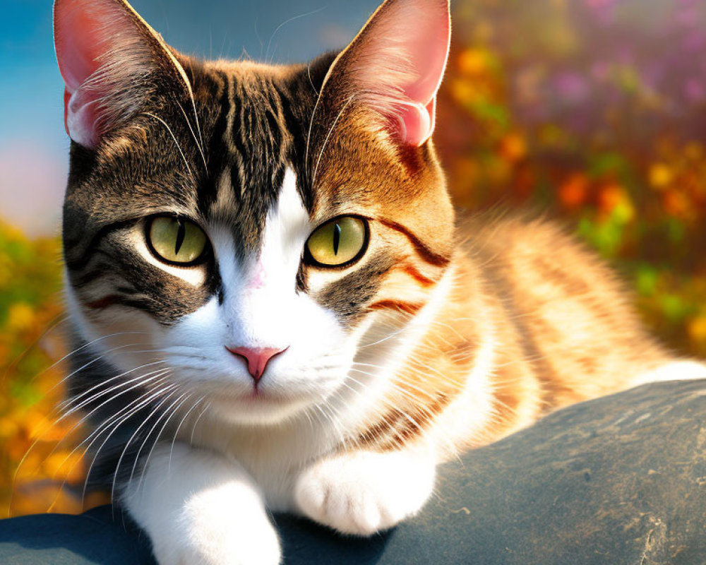 Tabby cat with green eyes resting outdoors on sunny day