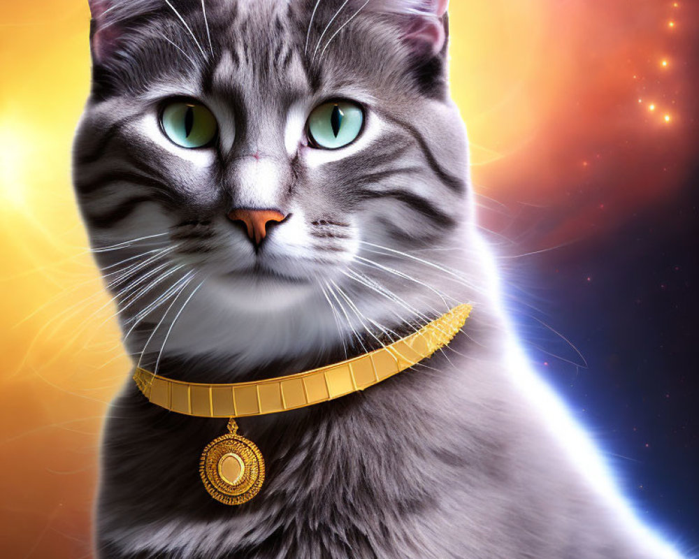 Majestic grey tabby cat portrait with green eyes and golden necklace in cosmic setting