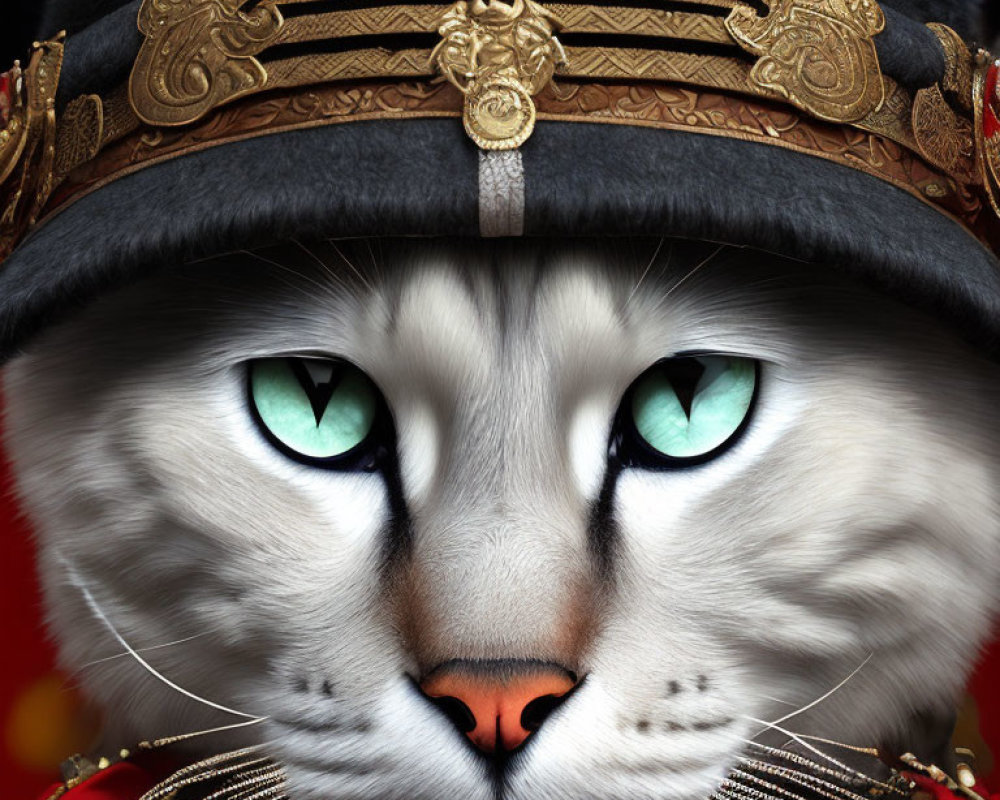 Detailed Digital Illustration: Cat with Blue Eyes in Military Hat on Red Background