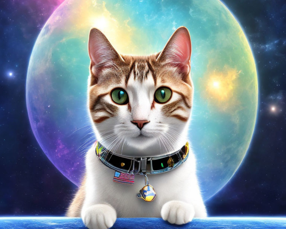 Green-eyed cat with collar in space with planets & stars