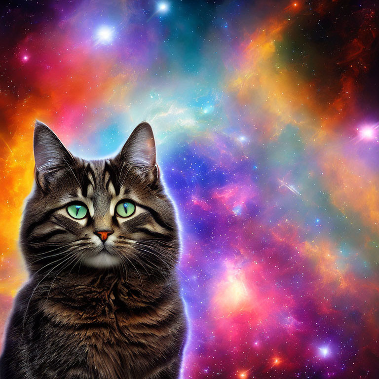 Tabby Cat with Green Eyes on Cosmic Background of Stars & Nebulae