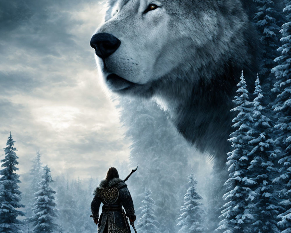 Warrior with cape and sword confronts ethereal wolf in snowy forest