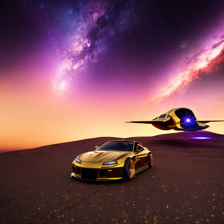 Gold-colored Sports Car and Flying Vehicle in Desert Twilight Sky