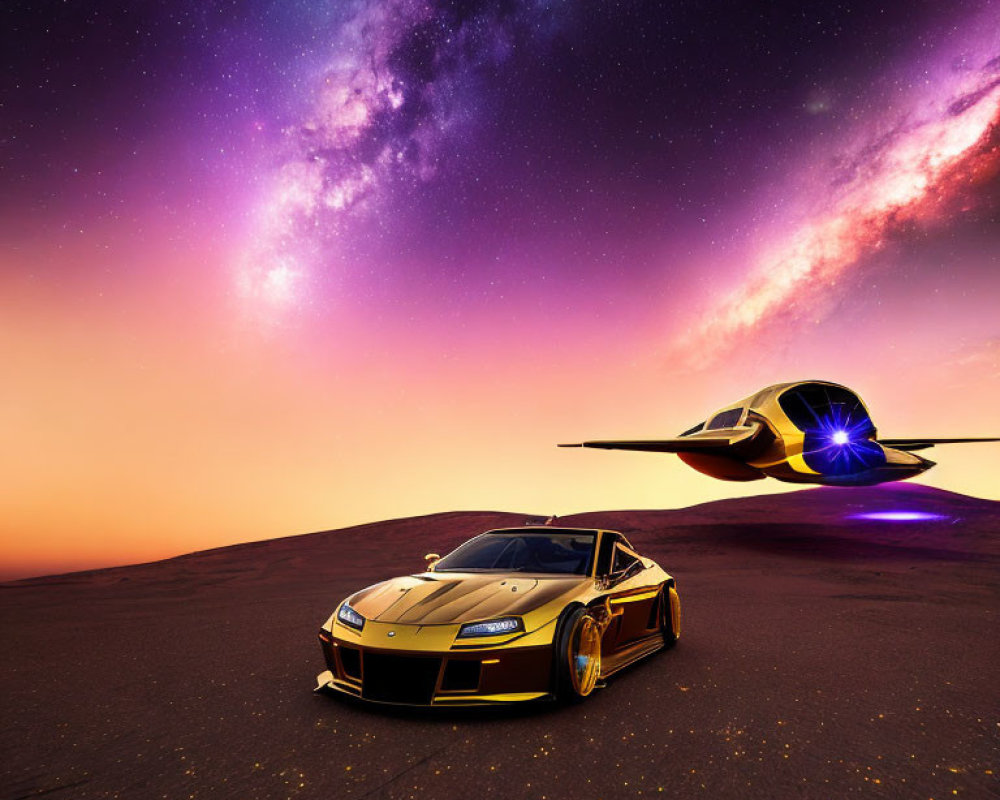 Gold-colored Sports Car and Flying Vehicle in Desert Twilight Sky