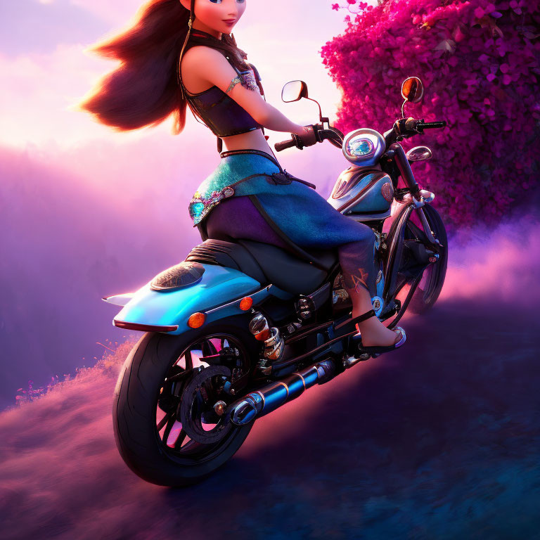 Animated female character on motorcycle in dreamlike setting with flowing hair