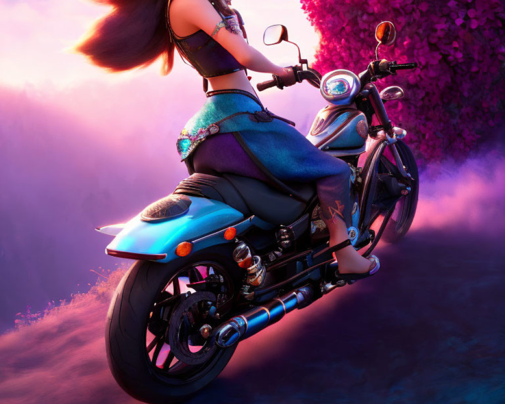 Animated female character on motorcycle in dreamlike setting with flowing hair