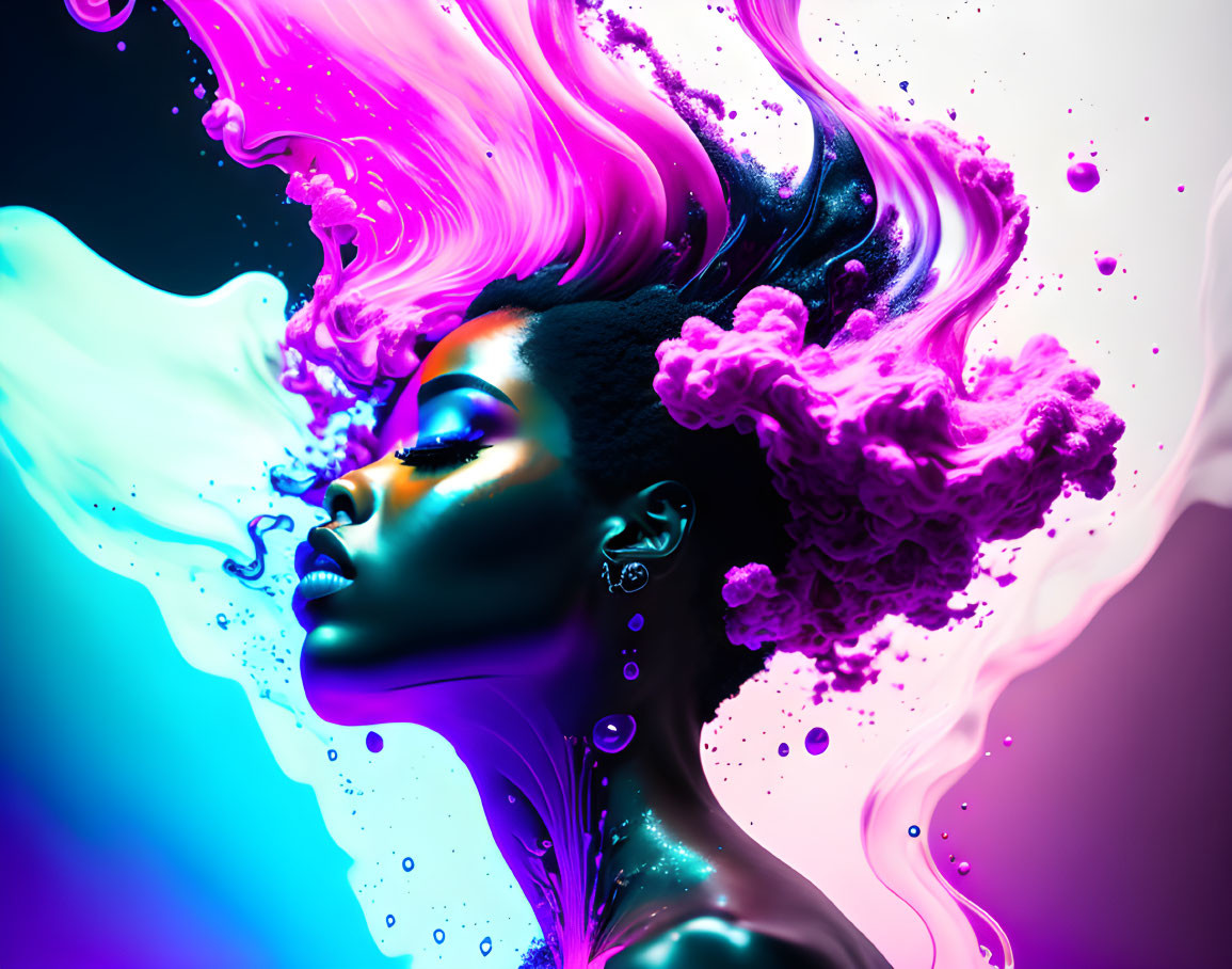 Colorful digital artwork: Woman's hair and surroundings blend into liquid and smoke forms on neon backdrop